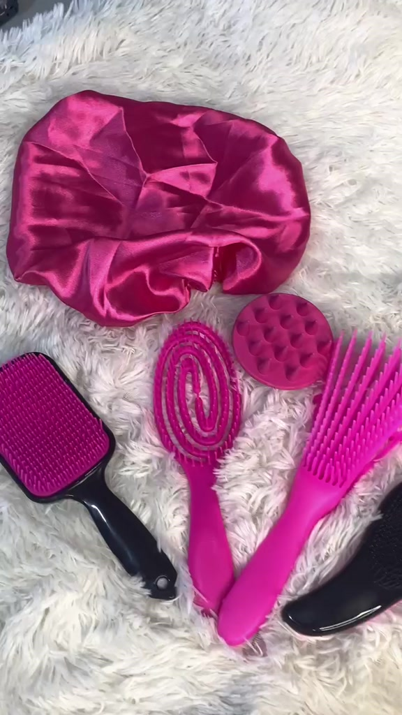 Kit 5 Escovas de Cabelo + Touca de Cetim – Raquete Fashion, Mágica, Polvo, Massageadora de Silicone