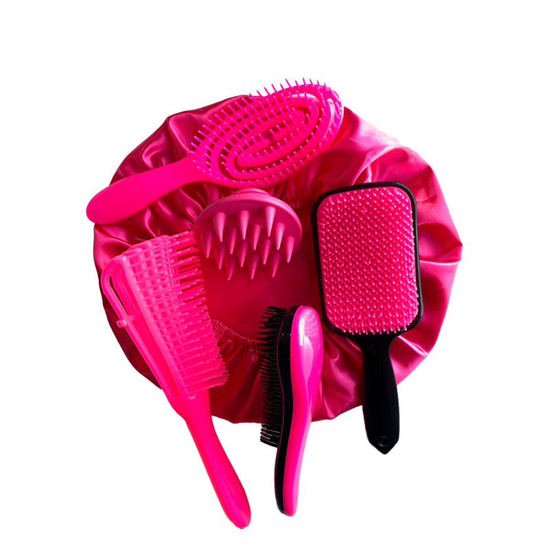 Kit 5 Escovas de Cabelo + Touca de Cetim – Raquete Fashion, Mágica, Polvo, Massageadora de Silicone