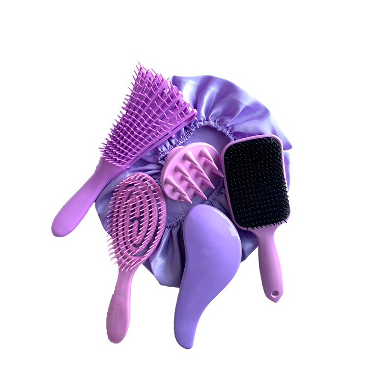 Kit 5 Escovas de Cabelo + Touca de Cetim – Raquete Fashion, Mágica, Polvo, Massageadora de Silicone